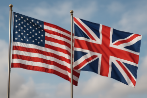 Americká a britská angličtina rozdíly ve výslovnosti a slovní zásobě Vlající vlajky USA a Anglie – symbol rozdílů mezi americkou a britskou angličtinou.