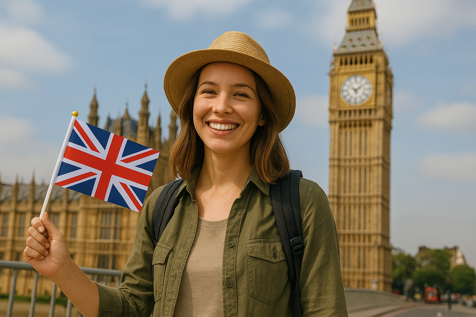 Angličtina pro cestovatele: fráze, které vás dostanou z malérů Mladá dívka stojí před Big Benem v Londýně a drží anglickou vlajku, symbolizující cestování a učení angličtiny v reálném prostředí.