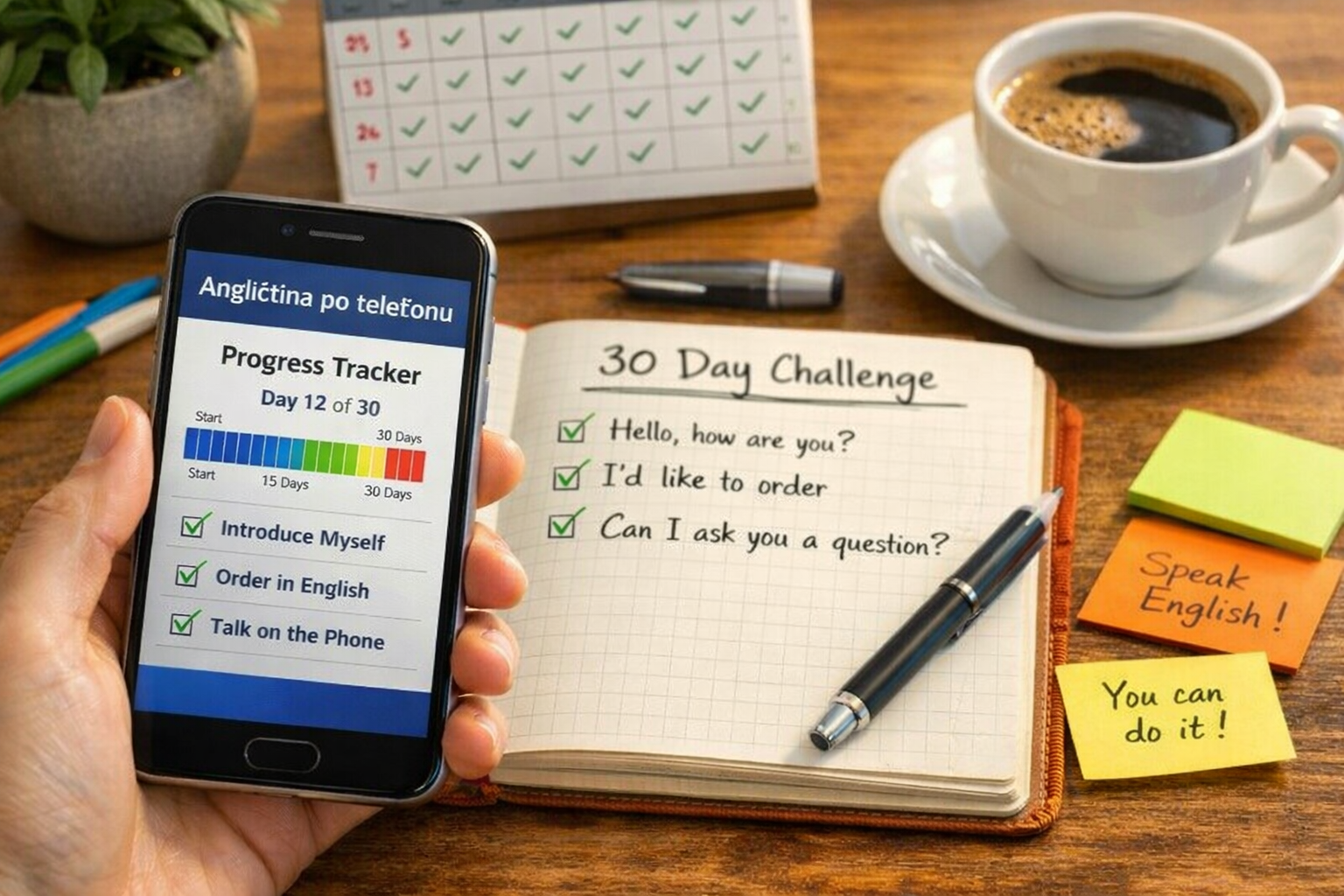 Sledování pokroku při učení angličtiny po telefonu Fotografie zobrazuje realistickou studijní scénu – otevřený deník s odškrtnutými frázemi, telefon s grafem pokroku, barevné poznámky a hrnek kávy. Ilustruje, jak pravidelná krátká telefonická lekce pomáhá začátečníkům rychle se rozmluvit