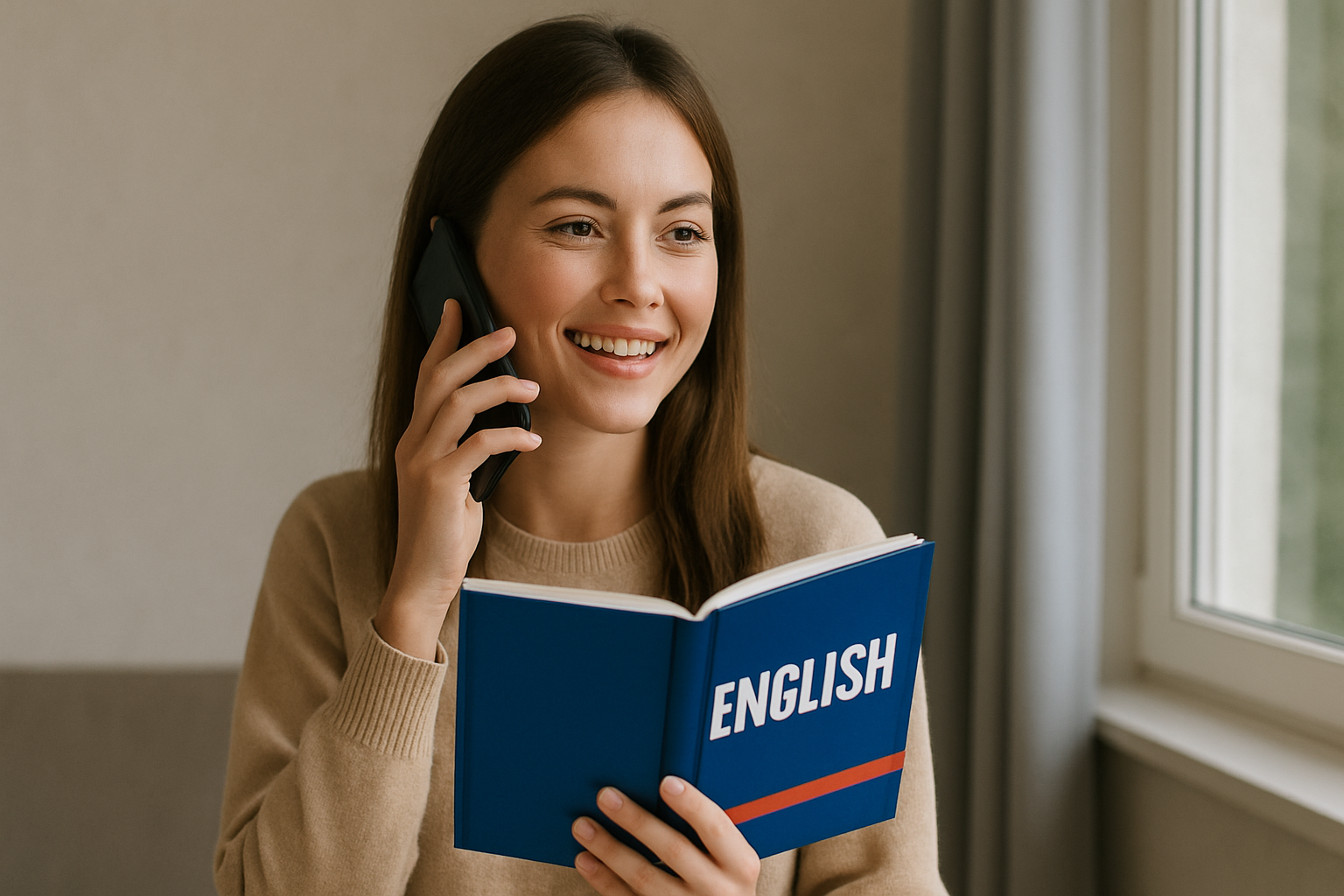 Učte se anglicky pohodlně po telefonu – kdykoliv a odkudkoliv Mladá dívka telefonuje a drží učebnici angličtiny – symbol moderní výuky angličtiny po telefonu a efektivního studia odkudkoliv.