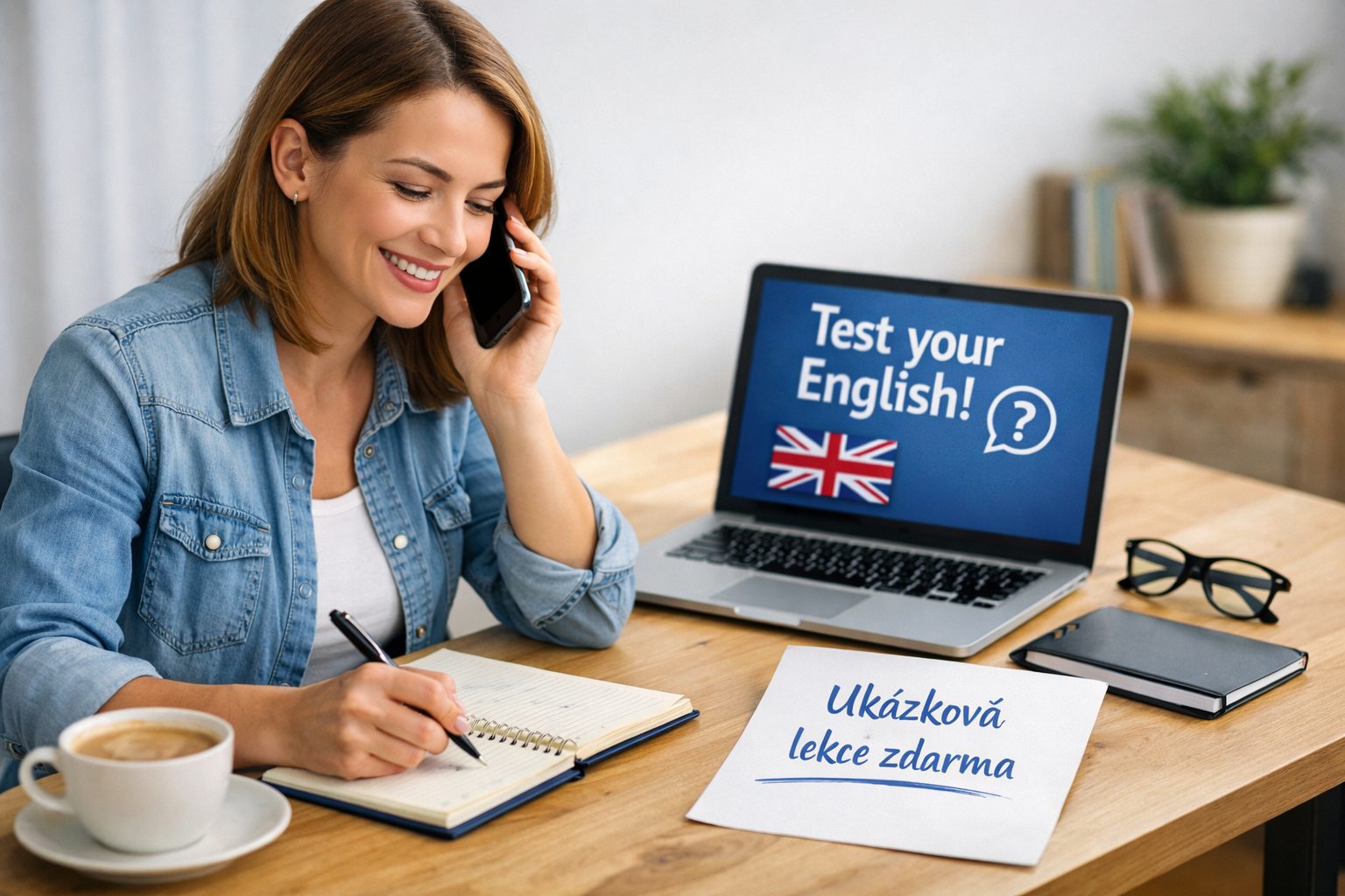 Výuka angličtiny po telefonu – flexibilně a efektivně Žena sedí u stolu s telefonem a poznámkami, učí se angličtinu po telefonu – pohodlná a efektivní metoda výuky kdekoliv a kdykoliv.